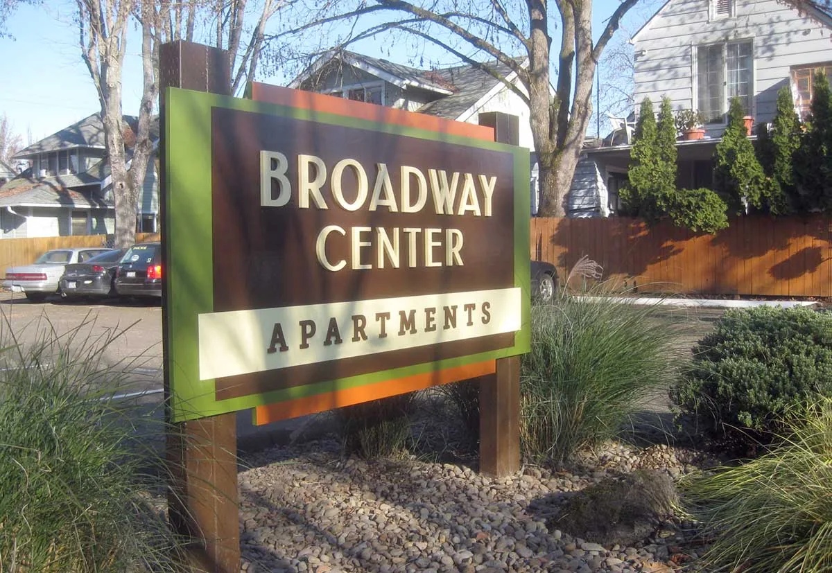 Broadway Center Apartments entrance monument sign