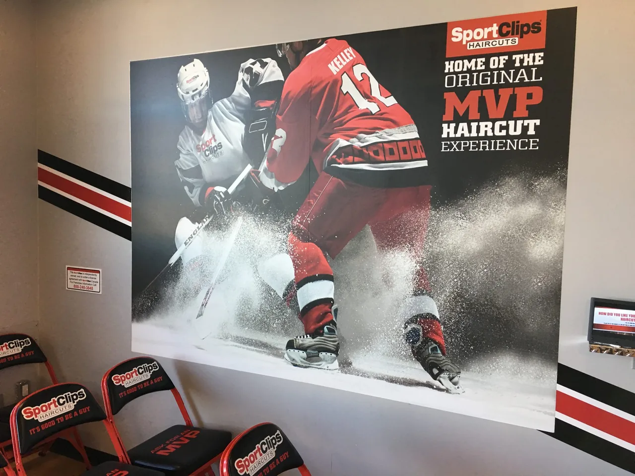 Hockey wall mural above waiting room chairs