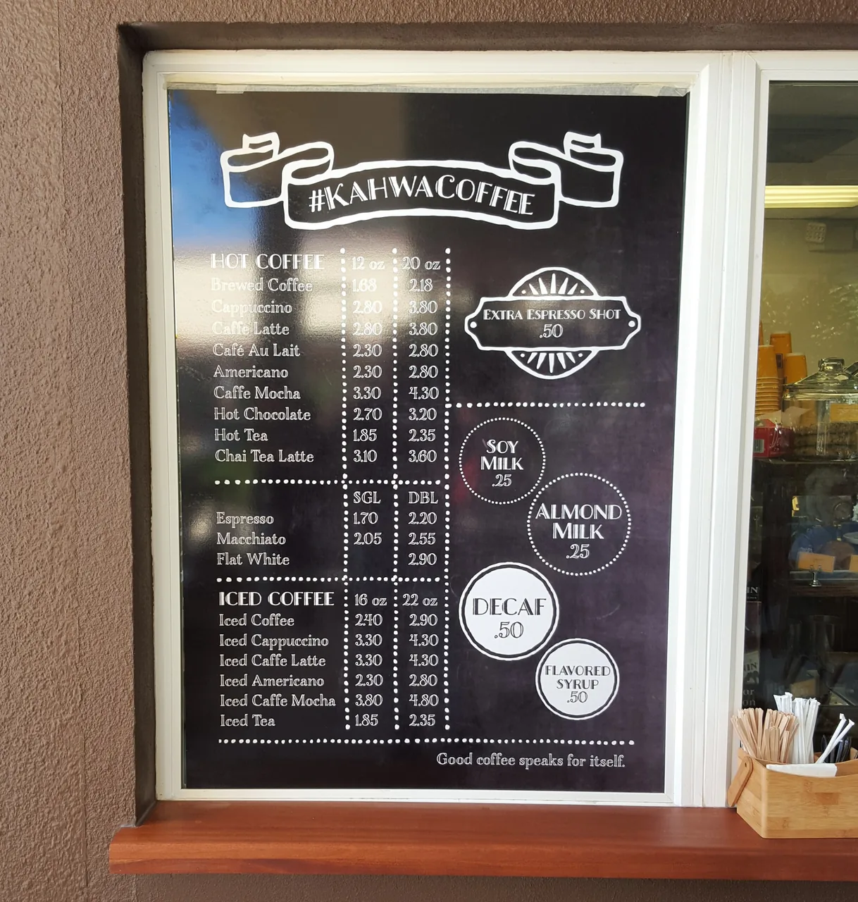 Printed coffee menu on a storefront window
