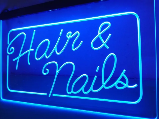Blue glowing Hair and Nails script sign